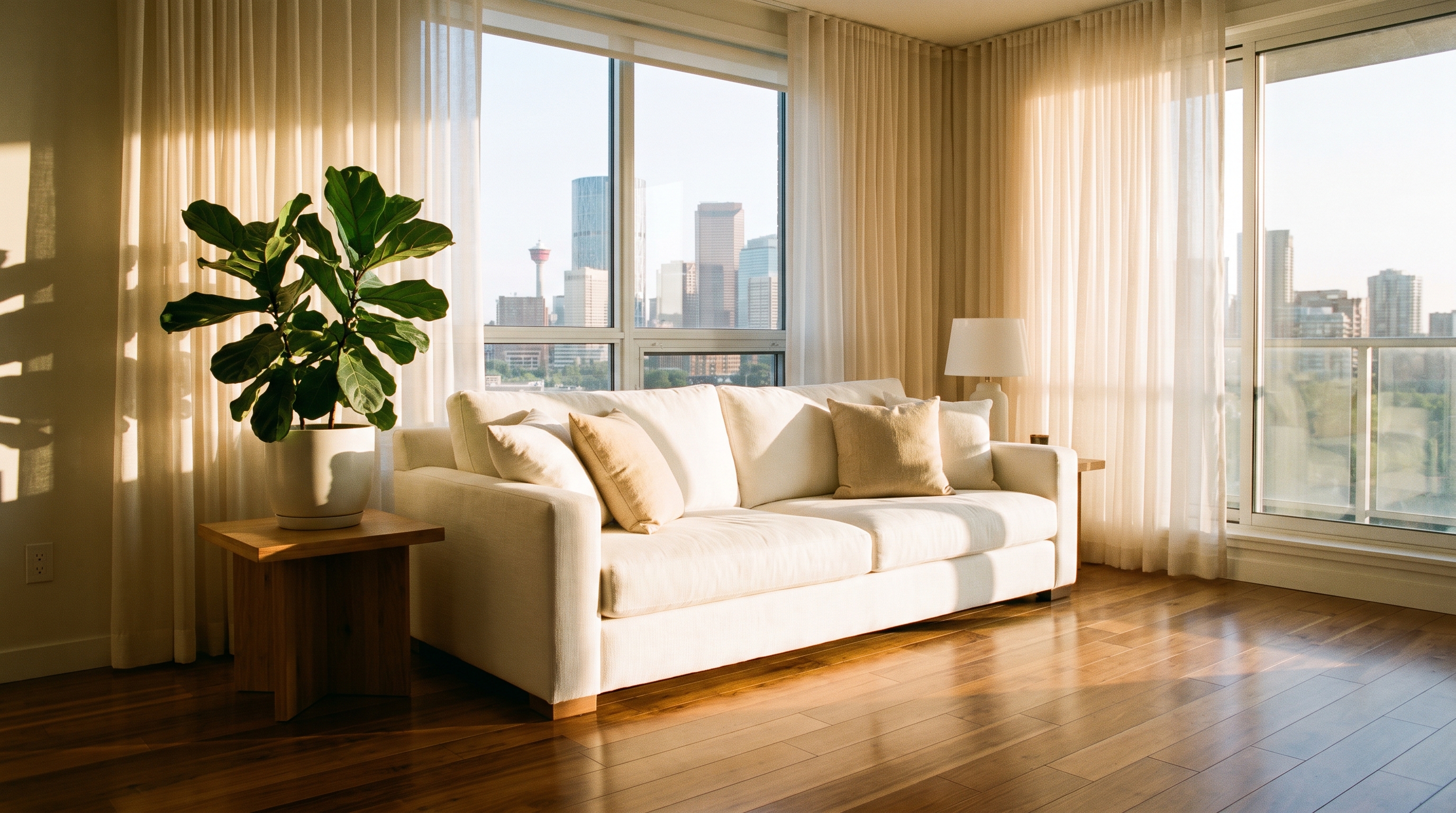 A bright sunlit Calgary living room with hardwood floors and a view of the Calgary Tower, freshly cleaned, soft afternoon prairie light