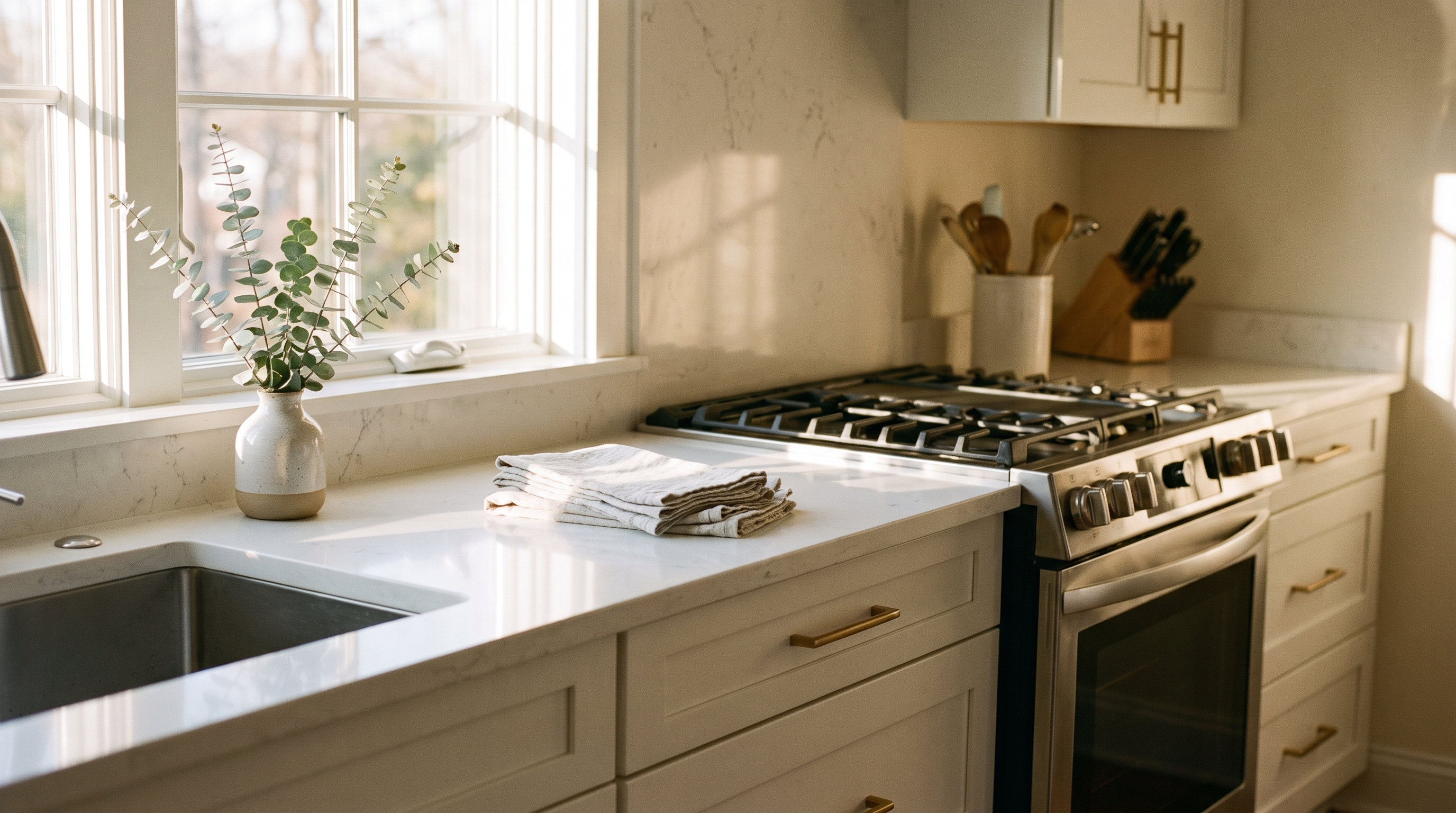 A bright organized modern kitchen with white quartz counters, freshly cleaned, stainless steel appliances, clean stovetop