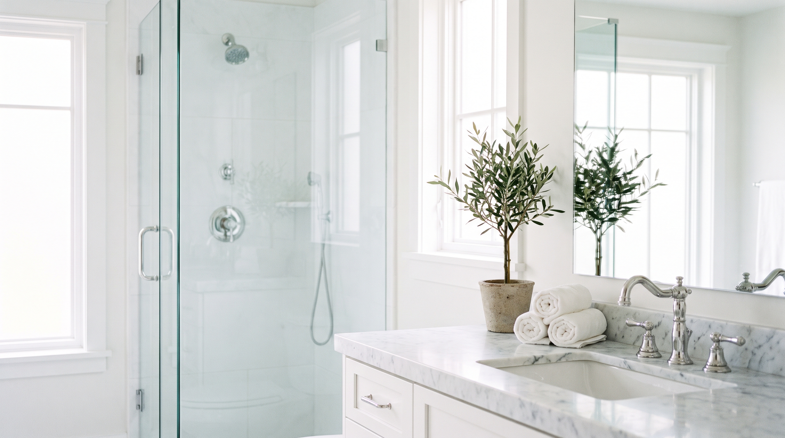 A clean white bathroom with subway tile shower, freshly scrubbed grout, polished chrome fixtures, fluffy white towels